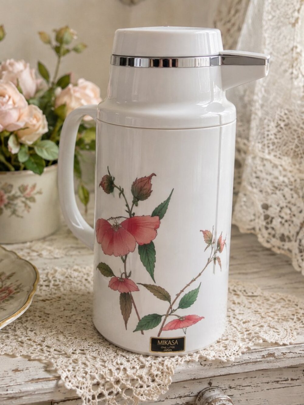 Vintage Mikasa Japan 1 Liter Floral Pump Thermal Airpot Carafe Retro Coffee Serv